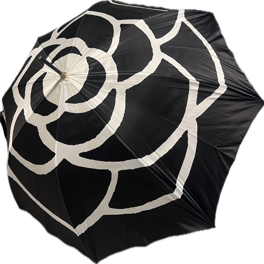 CHANEL Black and White Camellia Floral Umbrella - Authentic